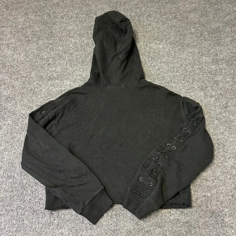 PINK Hoodie Womens XS Black Cropped Lace Up Sleeve Raw Hem Pullover Sweatshirt